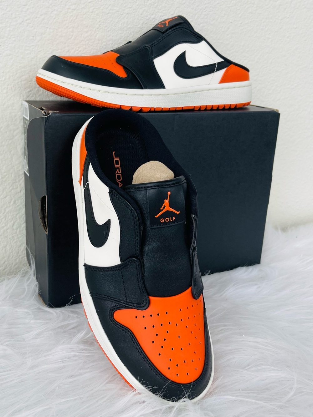 NIB Air Jordan Golf Mule  in orange (Starfish), sail (White), and black
Size 7